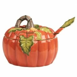 8.5 in. 112 fl. oz. Assorted Colors Earthenware Harvest Morning Pumpkin Tureen with Ladle Serving Bowl by Certified International