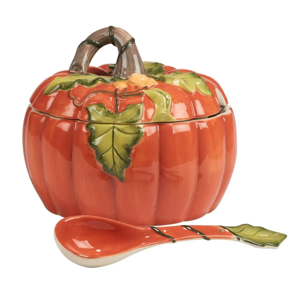 8.5 in. 112 fl. oz. Assorted Colors Earthenware Harvest Morning Pumpkin Tureen with Ladle Serving Bowl by Certified International 4 8.5 in. 112 fl. oz. Assorted Colors Earthenware Harvest Morning Pumpkin Tureen with Ladle Serving Bowl by Certified International - Image 2