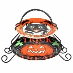 2-Tier Assorted Colors Earthenware and Metal Cake Stand Scaredy Cat Server Set by Certified International