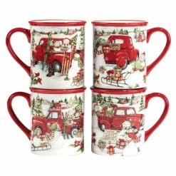Red Truck Snowman 16 oz. Multi-Colored Earthenware Beverage Mugs Set of 4 by Certified International -Certified International Sales certified international coffee cups mugs 29002set4 c3 1000