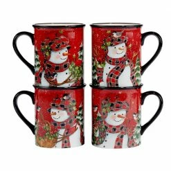 Christmas Lodge Snowman 16 oz.. Multi-Colored Earthenware Beverage Mugs Set of 4 by Certified International