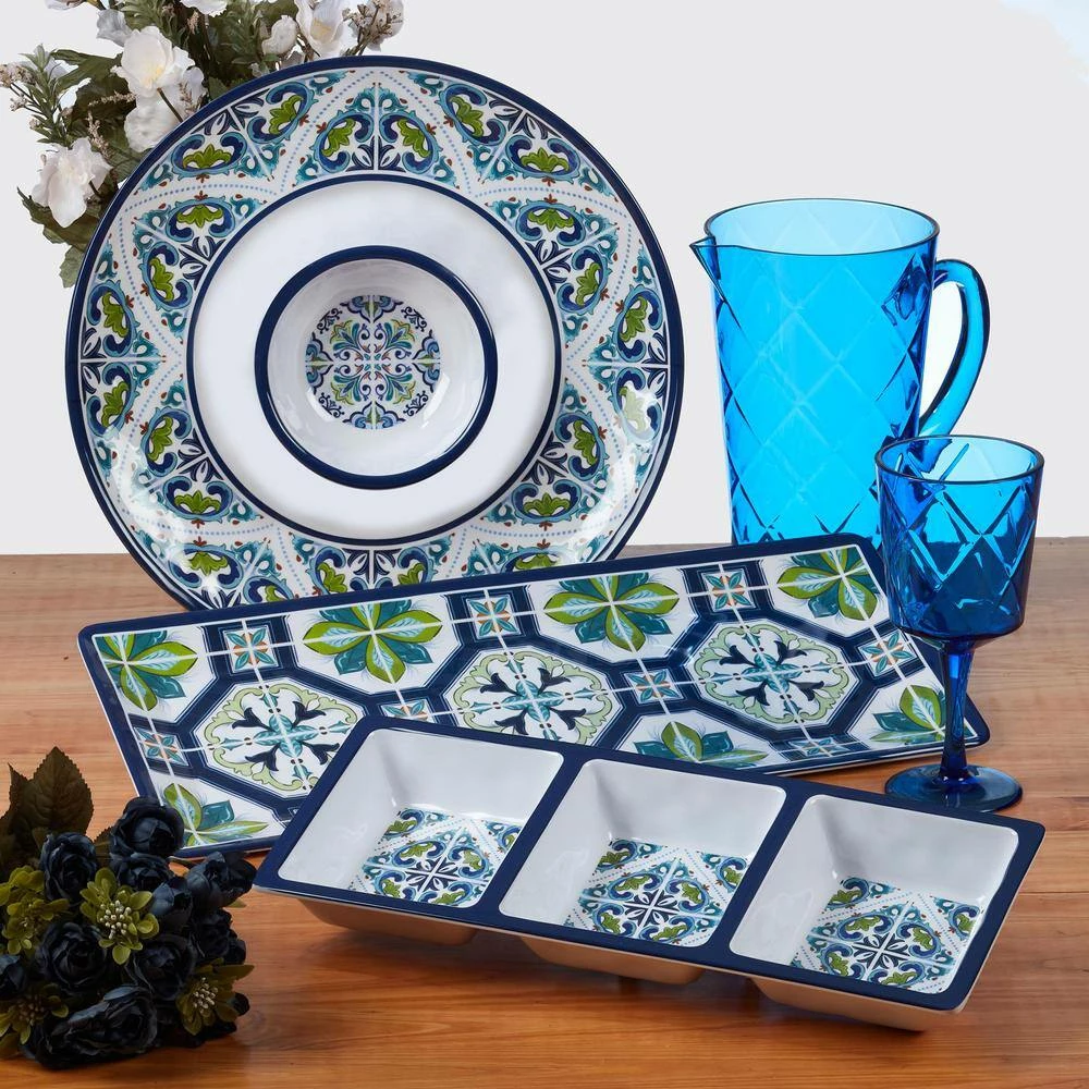 Mosaic 3-Piece Multicolored Melamine 19 in. Platter, 14.5 in. 3-Section Relish Tray, 14.5 Chip and Dip Hostess Set by Certified International 8 Mosaic 3-Piece Multicolored Melamine 19 in. Platter, 14.5 in. 3-Section Relish Tray, 14.5 Chip and Dip Hostess Set by Certified International - Image 6
