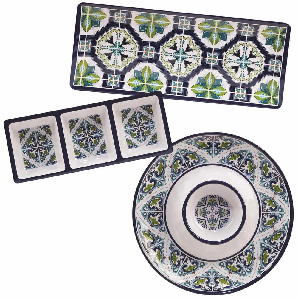Mosaic 3-Piece Multicolored Melamine 19 in. Platter, 14.5 in. 3-Section Relish Tray, 14.5 Chip and Dip Hostess Set by Certified International 3 Mosaic 3-Piece Multicolored Melamine 19 in. Platter, 14.5 in. 3-Section Relish Tray, 14.5 Chip and Dip Hostess Set by Certified International