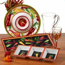 Red Hot 3-Piece Multicolored Melamine 19 in. Platter, 14.5 in. 3-Section Relish Tray, 14.5 Chip and Dip Hostess Set by Certified International -Certified International Sales certified international divided serving dishes 32785 31 1000