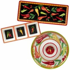 Red Hot 3-Piece Multicolored Melamine 19 in. Platter, 14.5 in. 3-Section Relish Tray, 14.5 Chip and Dip Hostess Set by Certified International