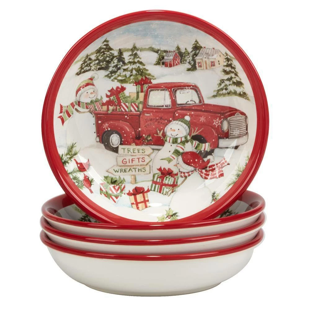 Red Truck Snowman 38 fl.oz. Multi-Colored Earthenware Soup Bowls Set of 4 by Certified International 4 Red Truck Snowman 38 fl.oz. Multi-Colored Earthenware Soup Bowls Set of 4 by Certified International - Image 2
