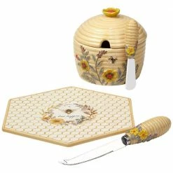 Bee Sweet 5.25 in. Earthenware Cheese Plate with Knife and 3-D Dip Bowl with Spreader by Certified International