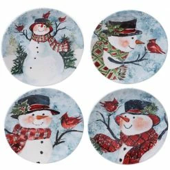 Watercolor Snowman 4-Piece Holiday Multicolored Earthenware 9 in. Dessert Plate Set (Service for 4) by Certified International